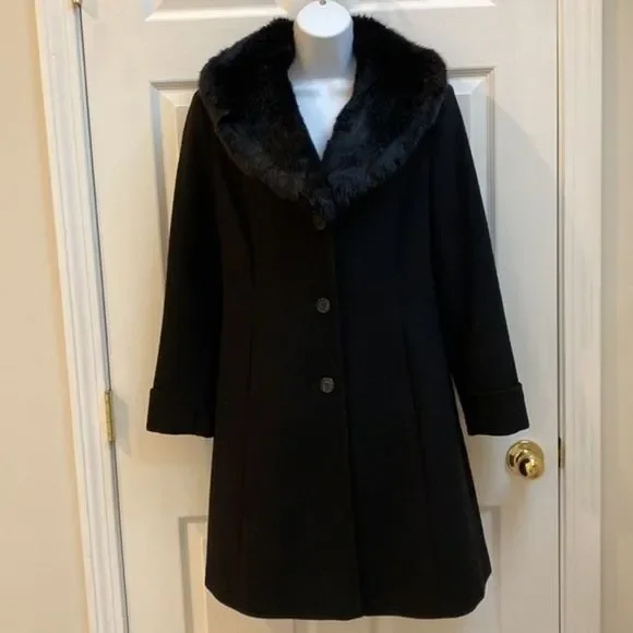 Lauren Ralph Lauren Womens Faux Fur Trim Wool Blend Walker Coat, Black, Sz 8P - Picture 5 of 8